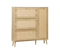 Meuble à chaussure cannage Bohème naturel. 3 abattants. 1 porte. 21 paires. 120 x 24 x 125 cm