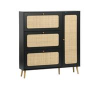 Meuble à chaussure cannage Bohème noir. 3 abattants. 1 porte. 21 paires. 120 x 24 x 125 cm