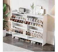 Meuble a chaussures 110x24x90 cm avec 4 compartiments à volets, Armoire à chaussures avec surfaces de rangement ouvertes, Blanc
