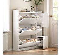 Meuble à Chaussures 119x24x122cm avec Siège Banc Abattant - 3 Tiroirs Basculants + Compartiment - Anti-Basculement - Blanc