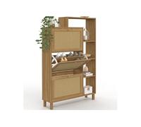 IDMarket - Meuble à Chaussures 18 Paires HANAE Effet Naturel cannage | Avec 3 portes abattantes et étagères latérales
