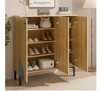 Meuble à chaussures 3 portes, console d’entrée avec pieds PVC, design à lignes bois, 90×32×94 cm, coloris naturel