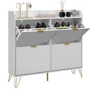 Meuble À Chaussures 4 Abattants Style Art Déco - Dim. 106l X 24l X 102h Cm - Acier Doré Mdf Blanc Blanc