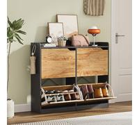Meuble à Chaussures 4 Abattants Portes, Bois Armoire Etagere Grande Capacité avec Séparateur Réglable pour Entree Couloir, 24x106x88cm Armoire Rangement à Chaussures Étroite Marron Rustique et Noir