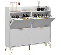 Meuble À Chaussures 4 Abattants Style Art Déco - Dim. 106l X 24l X 102h Cm - Acier Doré Mdf Blanc Blanc