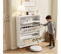 Meuble à Chaussures - 80 cm - AMBIANCE - 3 Abattants, Faible Profondeur 24cm - avec Rangement, Blanc et Pieds Dorés