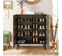 Meuble à Chaussures 80x38 5x95cm - 4 Portes Courbées - Rayonnages Ajustables - Soft Close - MDF Chêne Naturel et Noir Mat