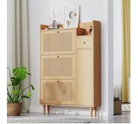 Meuble à Chaussures 90 cm - Rattan Naturel - 3 Portes Bascule + 1 Tiroir - Profondeur 17 cm - Idéal Entrée Étroite Pieds Bois Massif