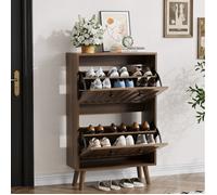 Meuble à chaussures avec 2 abattants et niches ouvertes - pour entrée - en MDF - 60×24×95 cm - noyer