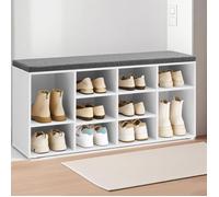 Meuble à Chaussures, Banc de Rangement, avec Coussin, Siège Rembourré, 10 Compartiments, Étagères Réglables, Blanc et Gris