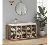 Meuble à Chaussures, Banc de Rangement avec Siège Rembourré, 15 Compartiments, Étagères Réglables, pour Salon, Couloir, Marron Camel