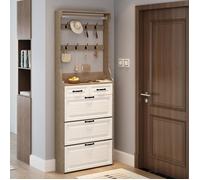 Meuble à chaussures blanc & chêne - 3 portes, 2 tiroirs, penderie - Rangement élégant pour entrée ou dressing