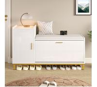 Meuble à chaussures blanc et or avec banc rembourré, 1 armoire et 2 compartiments. 100x38x68 cm. Rangement entrée, salon, bureau
