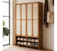 Meuble à chaussures en bambou avec portes en rotin, étagère de rangement à 11 niveaux pour entrée et couloir, 32 cm de profondeur, 170 cm de haut, organiseur élégant pour la maison
