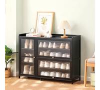 Meuble à chaussures en bambou avec ventouse puissante - Avec portes - Ultra fin - Pour salon, couloir, placard, meuble de rangement à chaussures autonome avec étagère supérieure