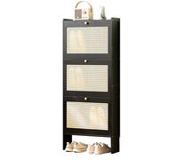 Meuble à chaussures en bambou - Étagère de rangement autonome à 4 niveaux avec portes en maille de rotin, grande capacité pour entrée et couloir, 17 cm de profondeur