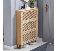 Meuble à chaussures en bois avec 3 tiroirs amovibles, portes à persiennes fines, étagères verticales réglables, pieds en métal, parfait pour les couloirs et les chambres à coucher.