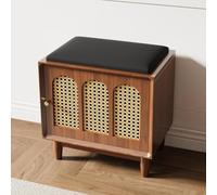 Meuble à chaussures en bois massif avec espace caché pour le rangement, banc à chaussures d'entrée de ferme avec portes en canne tissée, pour entrée, salon, pas de montage nécessaire