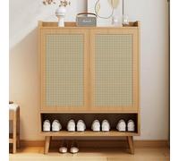 Meuble à Chaussures en Rotin Naturel avec Trois Portes, un Tiroir et Cinq Étagères, Meuble de Rangement Doté de Poignées Métalliques et de Pieds en Bois Massif, Idéal pour les Couloirs (Light Oak)