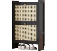 Meuble à chaussures en rotin noir - Meuble à chaussures en bois noir pour couloir avec 2 rabattables/3 tiroirs rabattables, armoire de rangement moderne ou talons, chaussons, étagère à chaussures sur