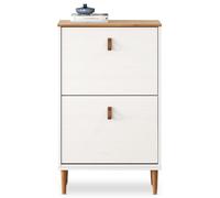 Meuble à chaussures entrée Mikka 2 abattants en bois massif coloris blanc et chêne pour jusqu'à 10 paires 59 x 96 x 25 cm idéal pour le couloir rangement peu encombrant étagère poignées en cuir