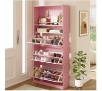 Meuble à chaussures étroit 3 compartiments abattants 2 étagères ouvertes - HAVRYA - Entrée, Rose 80×24×178,5 cm