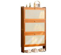 Meuble à chaussures étroit en bambou - Étagère de rangement autonome étroite avec portes basculantes, design en maille de rotin, grande capacité pour entrée et couloir - 4 niveaux, 17 cm de profondeur
