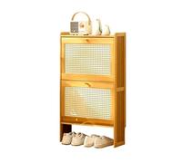 Meuble à chaussures étroit en bambou - Étagère de rangement autonome étroite avec portes basculantes, design en maille de rotin, grande capacité pour entrée et couloir - 4 niveaux, 17 cm de profondeur