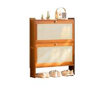 Meuble à chaussures étroit en bambou - Étagère de rangement autonome étroite avec portes basculantes, design en maille de rotin, grande capacité pour entrée et couloir - 4 niveaux, 17 cm de profondeur