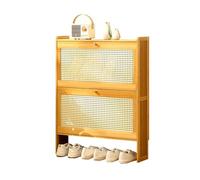 Meuble à chaussures étroit en bambou - Étagère de rangement autonome fine avec portes inclinables, design en maille rotin, grande capacité pour entrée et couloir, 4 niveaux, 17 cm de profondeur