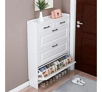 Meuble à chaussures fin pour couloir avec tiroirs cachés, gain de place, solution de rangement élégante et fonctionnelle pour entrée, placard ou chambre à coucher.