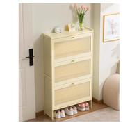 Meuble à chaussures gain de place dissimulé avec 3 tiroirs rabattables et portes en rotin, organisateur de chaussures étroit sur pied pour entrée avec poignées dorées, parfait pour les appartements