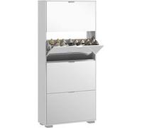 Meuble À Chaussures Grand Miroir 2 En 1 - 4 Portes Abattantes, Étagères Réglables - Blanc Verre