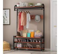 Meuble à Chaussures Grand Porte Manteau Banc étagère et Crochets entrée Rangement autoportante 3 Niveaux Cadre métal Pieds réglables dortoir Appartement Couloir(Noir Marron 100x30x