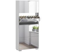 Meuble À Chaussures Grand Miroir 2 En 1 - 4 Portes Abattantes, Étagères Réglables - Blanc Verre