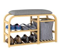 HOMCOM Banc à Chaussures en Bambou Meuble à Chaussures avec Coussin d'assise, 2 étagères à Lattes et Panier en Tissu Coulissant, Banc d'entrée pour Couloir, Chambre, 70x30x45cm, Bois Naturel
