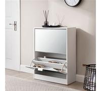 [en.casa] Meuble à Chaussures à Tiroirs Inclinés avec Miroir Armoire à Chaussures à 2 Abattants Range-Chaussures pour Entrée Rangement pour Couloir Panneau de Particules 80 x 60 x 24 cm Blanc