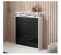 Meuble à Chaussures LED | 105 x 89 x 24cm | Blanc et Noir | Meuble d'entrée | 2 portes 1 tiroir | Modèle PAOLA