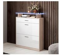 Meuble à Chaussures LED - PAOLA - 105 x 89 x 24cm - Blanc et Sonoma - Meuble d'entrée - 2 portes 1 tiroir