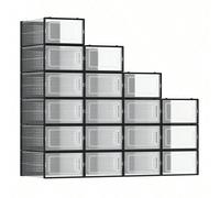 SONGMICS Boîtes à Chaussures, Lot de 18, Rangement Chaussures, Pliable, pour Pointure jusqu’à 44, Transparent et Noir LSP18SBKV1