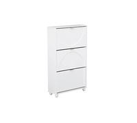 Meuble à chaussures MAEVE blanc 3 portes façade en relief arrondi 18 paires de chaussures 75 x 26 x 130 cm poignée en métal pied boule en bois de pin