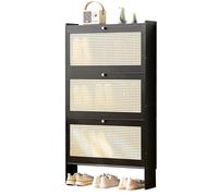 Meuble à Chaussures Mince en Bambou - Étagère de Rangement étroite à 4 Niveaux avec Portes en Treillis de rotin, Grande capacité pour entrée et Couloir, Profondeur 17 cm, Style élégant