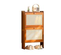 Meuble à Chaussures Mince en Bambou - Étagère de Rangement étroite à 4 Niveaux avec Portes en Treillis de rotin, Grande capacité pour entrée et Couloir, Profondeur 17 cm, Style élégant