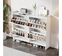Meuble à chaussures moderne avec 4 compartiments à rabat, étagère à chaussures indépendante, étagères ouvertes, convient pour l'entrée ou le couloir, blanc, dimensions : L110/H90/P24 cm (White)