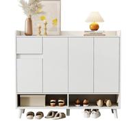 Meuble À Chaussures Moderne Blanc 120x99x35cm, Buffet 4 Portes 1 Tiroir Étagère Réglable Grand Rangement