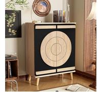 Meuble à chaussures moderne design géométrique portes rondes, rangement multi-niveaux, pieds bois solides 76x37x98.5cm Noir/Naturel