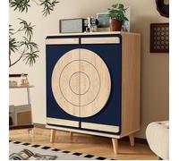 Meuble à chaussures moderne design géométrique portes rondes,rangement multi-niveaux, pieds bois solide 76x37x98.5cm bleu et naturel