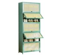 Meuble à chaussures moderne du milieu du siècle en rotin - 10 niveaux en bambou avec portes rabattables - Rack autonome peu encombrant pour entrée, couloir et chambre à coucher - Vert
