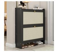 Meuble à chaussures moderne noir à 2 niveaux autonome avec portes, design fin pour entrée et couloir, organiseur de rangement élégant en bois, solution d'économie d'espace