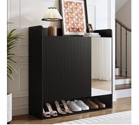 Meuble à chaussures noir rayé verticalement avec miroir pleine longueur, rangement multi-niveaux grande capacité 110x35.5x110cm